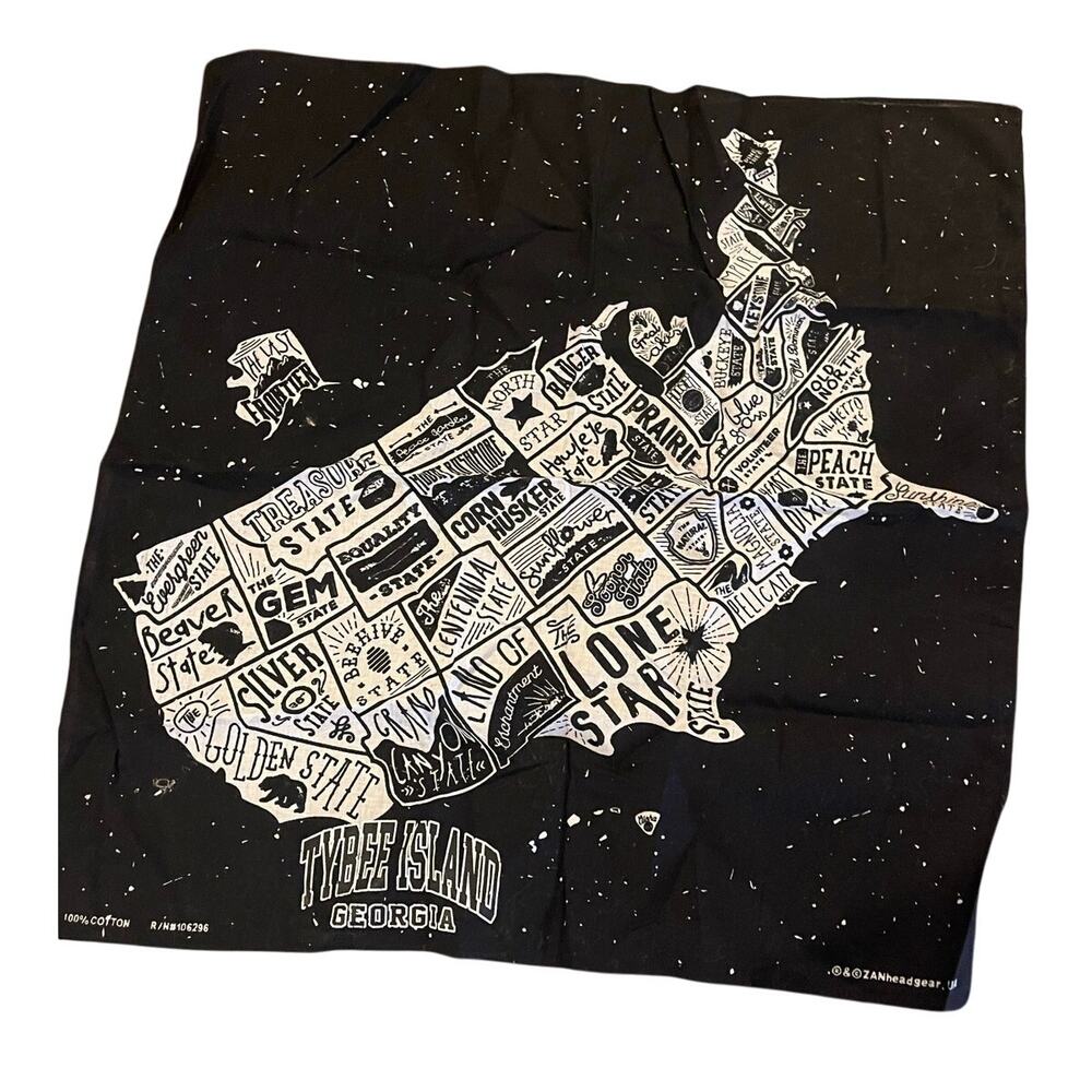 Black bandana Stylized map US State Nicknames Tybee Island Georgia ZANheadgear